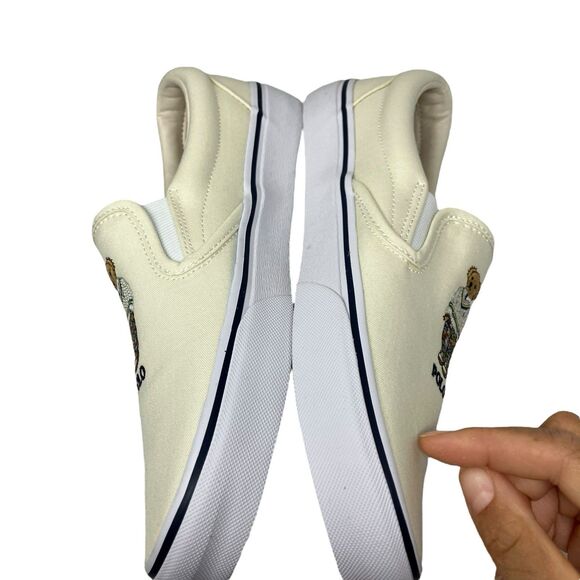 POLO RALPH LAUREN Sneakers Mens 9.5 Cream Canvas Slip On MADRAS BEAR Keaton Boat main image 5